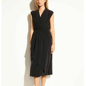 Vince NWT Black Silk Sleeveless Splice V-neck Faux Wrap High Waist Midi Dress